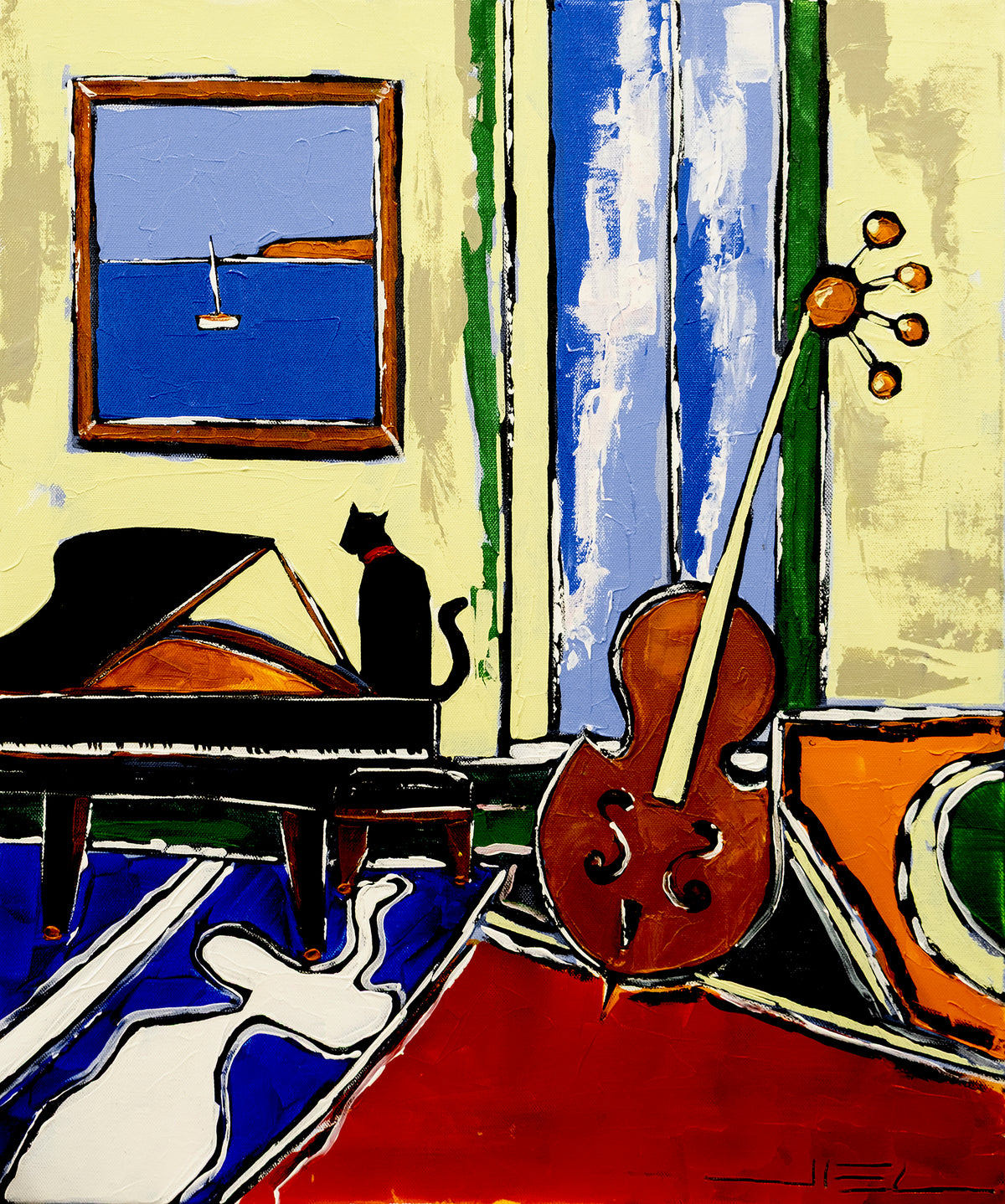 Black Cat with an Old Piano and Cello in Paris – Limited Edition Art Print JIEL