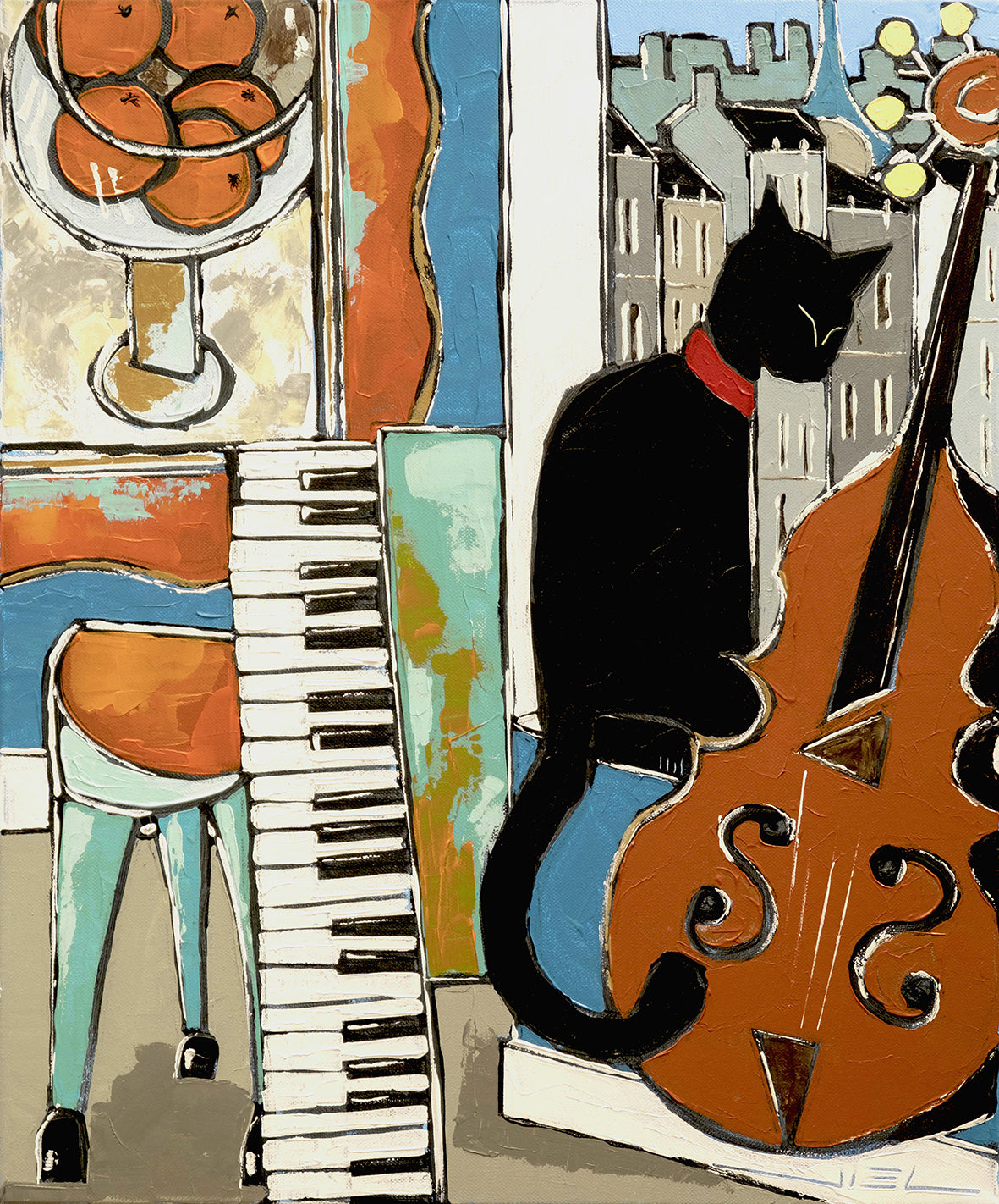 Black cat WITH OLD PIANO AND CELLO in Paris - JIEL -
