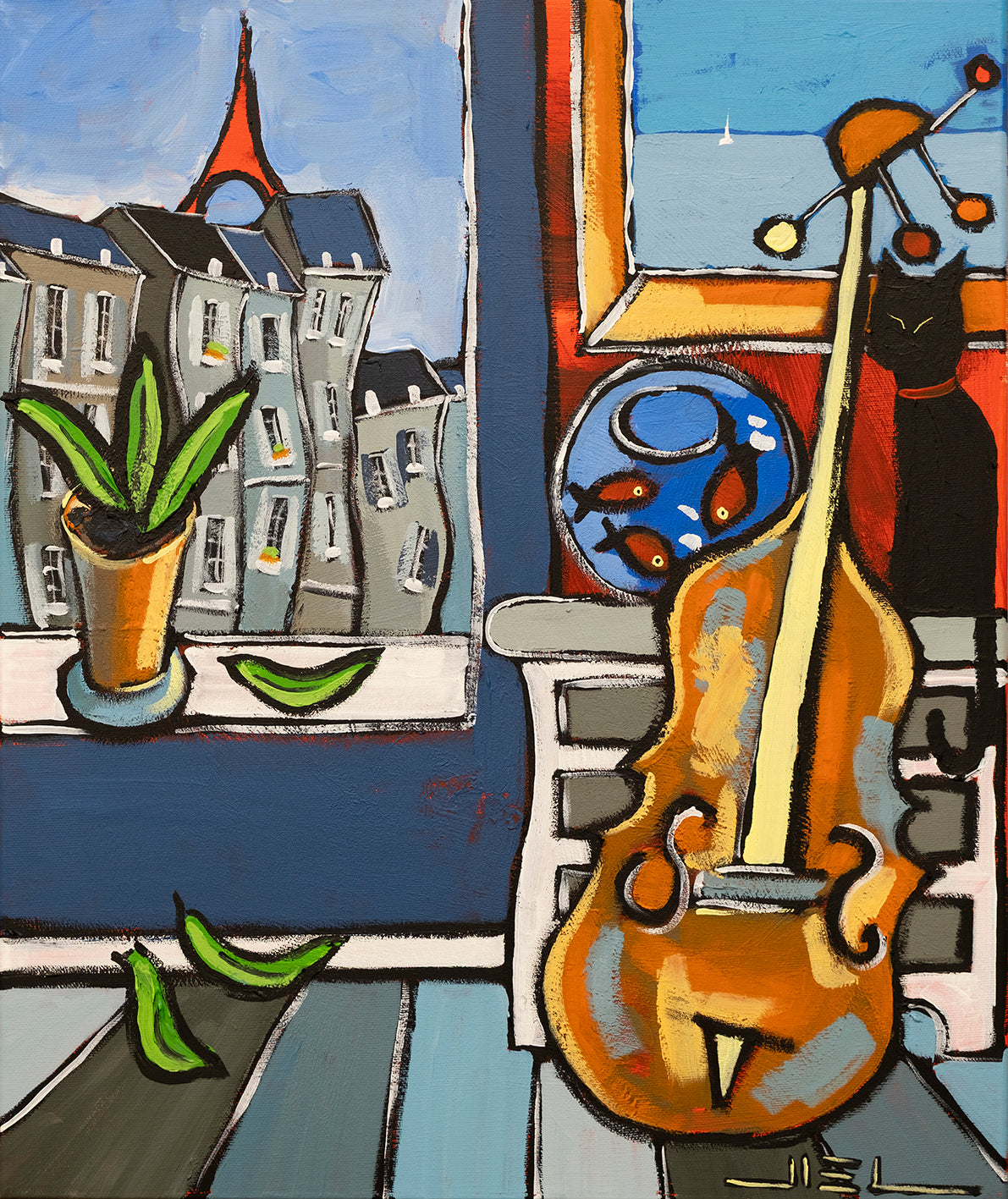Black Cat with a Cello and Matisse's Goldfish in Paris – Limited Edition Art Print JIEL