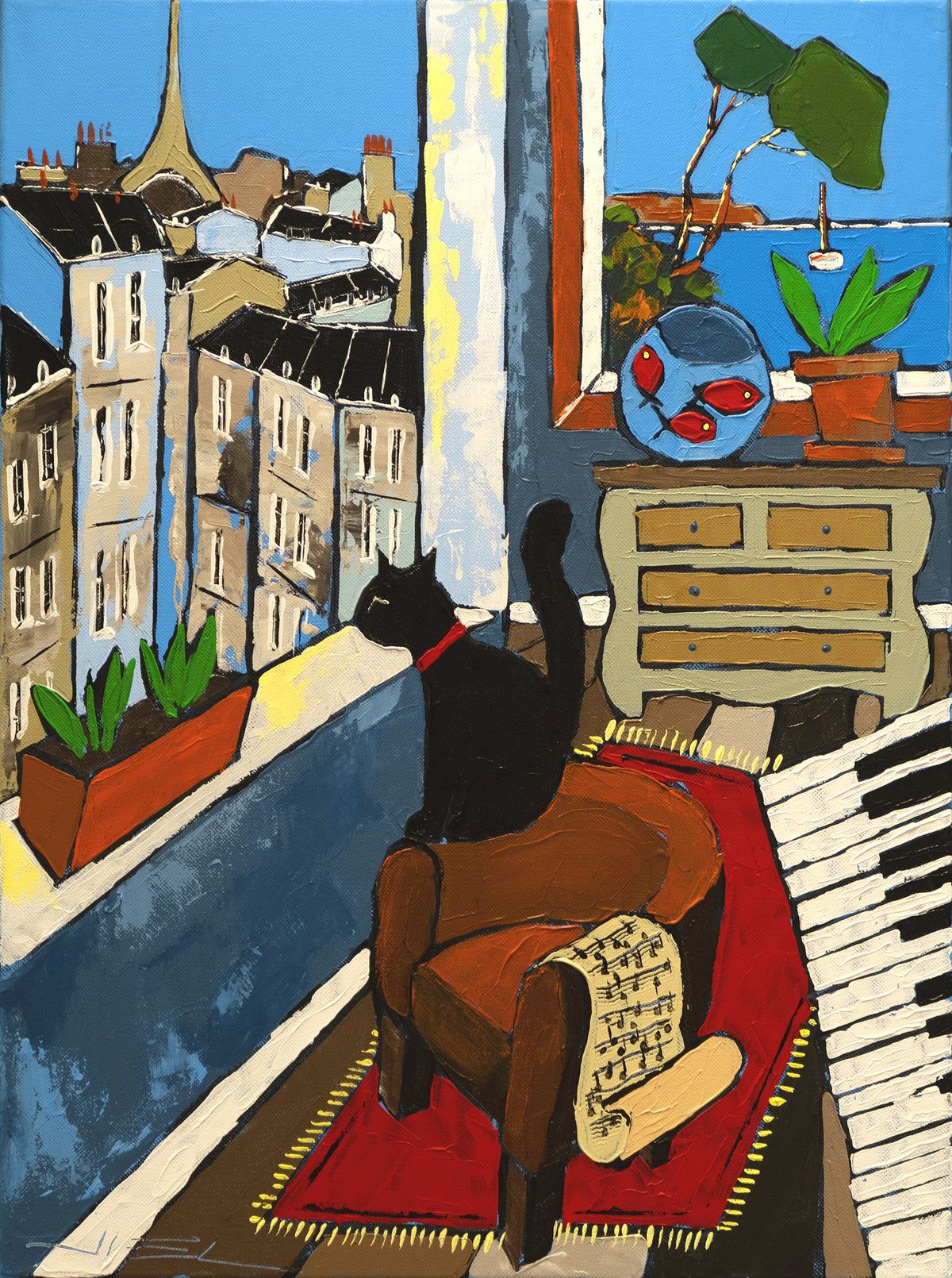 Black Cat with Red Armchair, Sheet Music and Piano in Paris - JIEL -