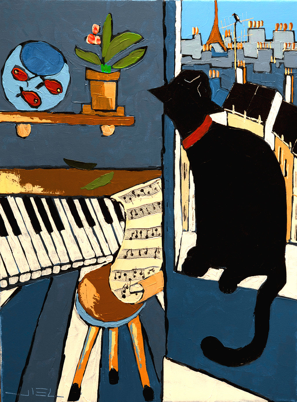 Black the Cat Watching the Magpie over Paris - JIEL -