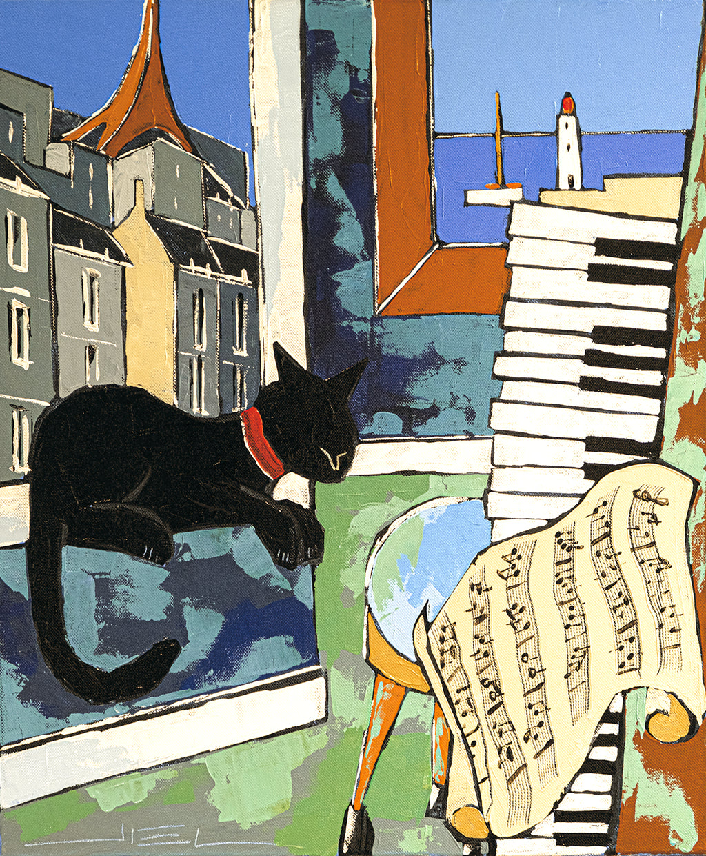 Black Cat with the Sheet Music in Paris - Limited Edition Art Print JIEL