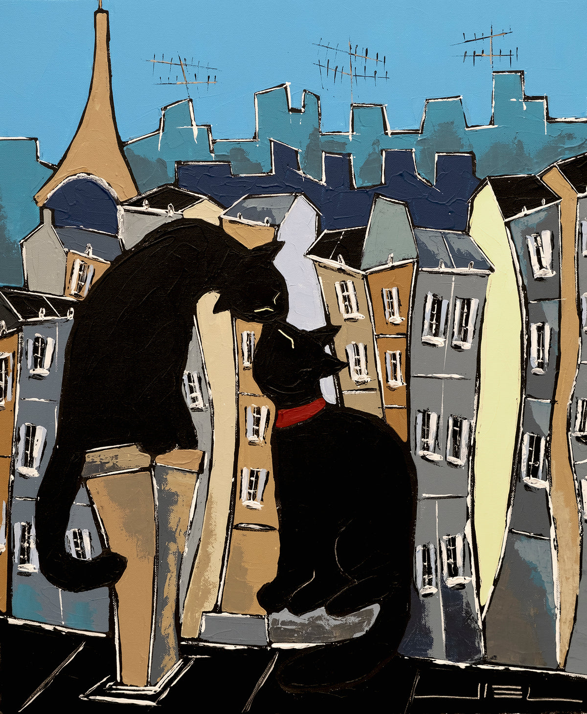 Black Cat and his Pretty on Paris rooftops - JIEL - 20 X 24,3 cm