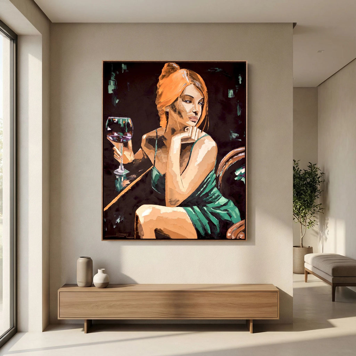 Young Red-Haired Woman with a Glass of Wine