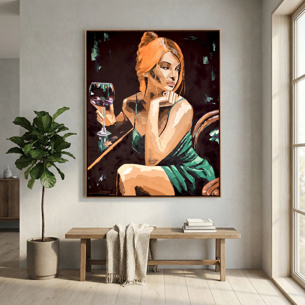 Young Red-Haired Woman with a Glass of Wine