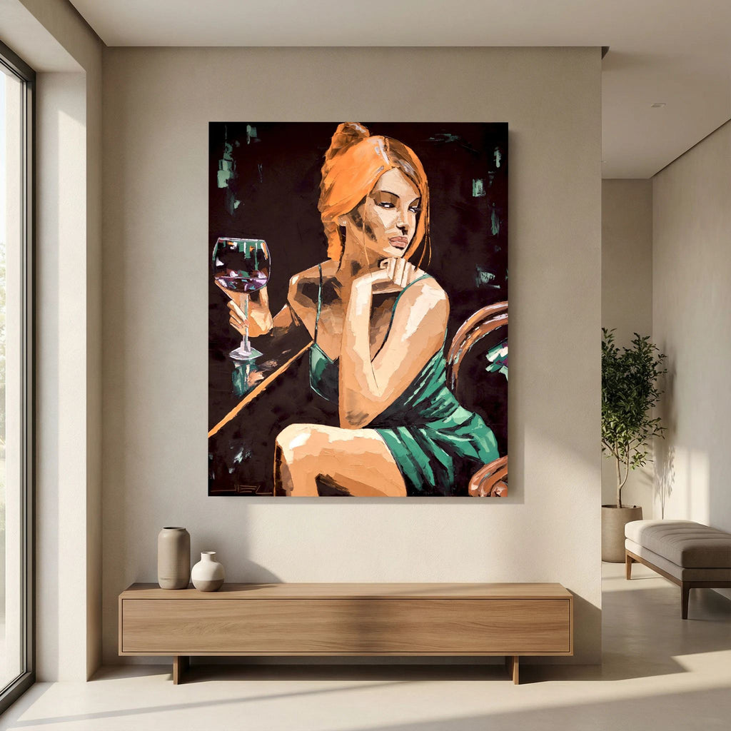 Young Red-Haired Woman with a Glass of Wine